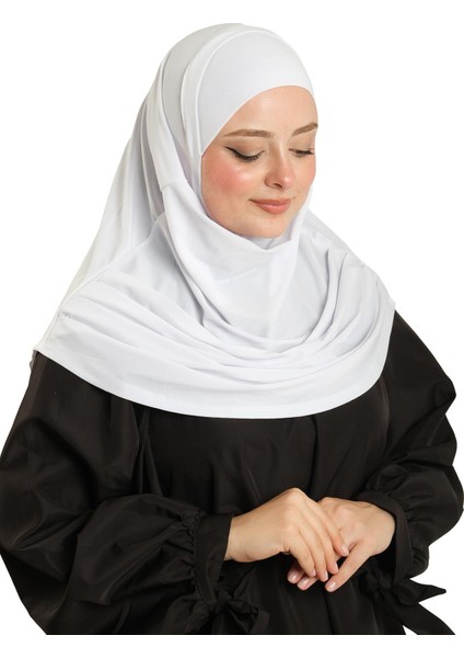 Beyaz Pratik Hazır Geçmeli Tesettür Eşarp Sandy Kumaş Kendinden Boneli 1290_42 modelleri