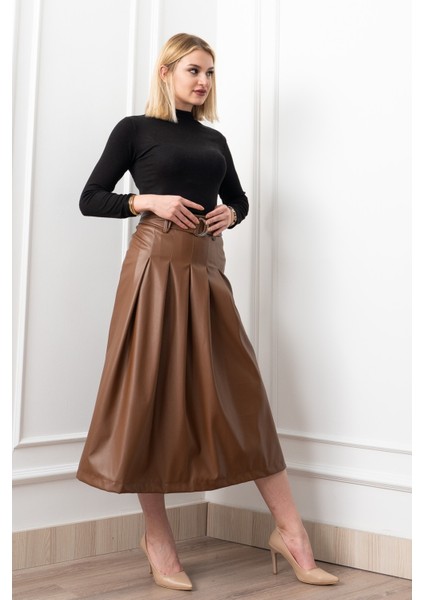 Double Zip Kuşaklı Deri Etek 6821