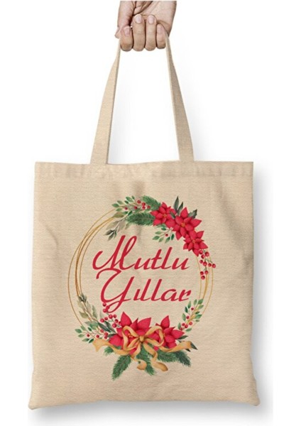 Yılbaşı Yeni Yıl Mutlu Yıllar Christmas Beyaz Bez Çanta Uzun Saplı Alışveriş Çantası Plaj Çantası