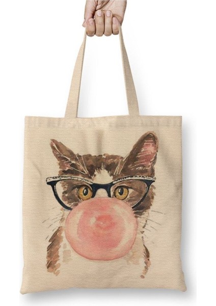 Kedi Sakız Cats Beyaz Bez Çanta Uzun Saplı Alışveriş Çantası Plaj Çantası