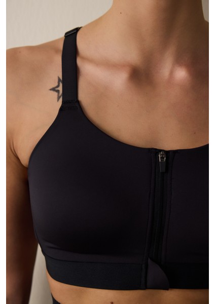 Siyah Yüksek Destekli Fermuarlı Premium Spor Sütyeni