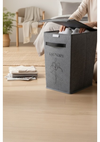 Gri Tek Gözlü Keçe Çamaşır Sepeti – Deri Detaylı, Şık ve Dayanıklı Tasarım