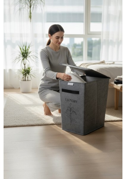 Gri Tek Gözlü Keçe Çamaşır Sepeti – Deri Detaylı, Şık ve Dayanıklı Tasarım fırsatları