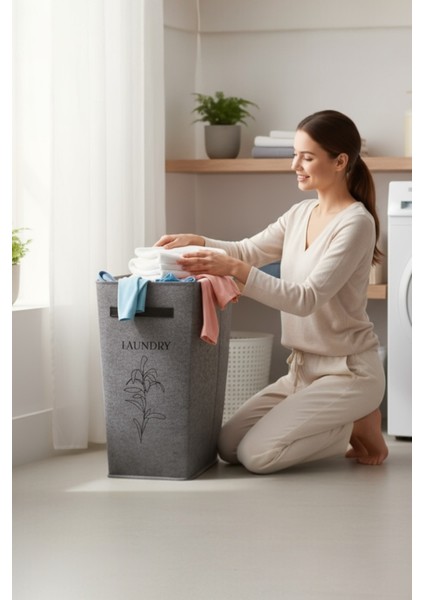 Gri Tek Gözlü Keçe Çamaşır Sepeti – Deri Detaylı, Şık ve Dayanıklı Tasarım indirimleri