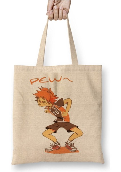 Anime Haikyuu Hinata Chibi Pegatina Beyaz Bez Çanta Uzun Saplı Alışveriş Çantası Plaj Çantası