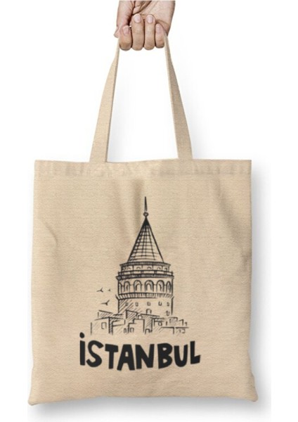 Istanbul Galata Kulesi Temalı Beyaz Bez Çanta Uzun Saplı Alışveriş Çantası Plaj Çantası