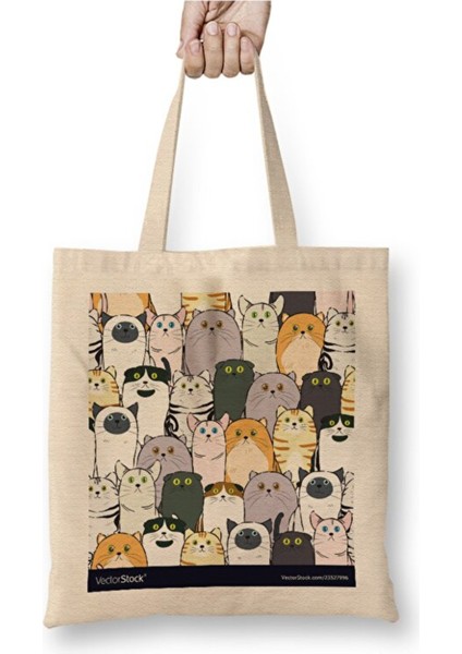 Tatlı ve Sevimli Kediler Cats Bez Çanta Uzun Saplı Alışveriş Çantası Plaj Çantası