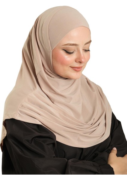 Bej Pratik Hazır Geçmeli Tesettür Eşarp Sandy Kumaş Kendinden Boneli 1290_12 modelleri