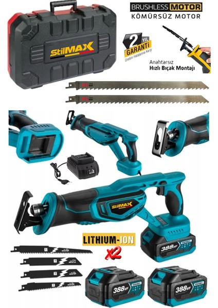 388VF 10AH Çift Akülü Kömürsüz Motor Çelik Şanzımanlı Akülü Tilki Kuyruğu Testere + 7 Ad Bıçak Seti