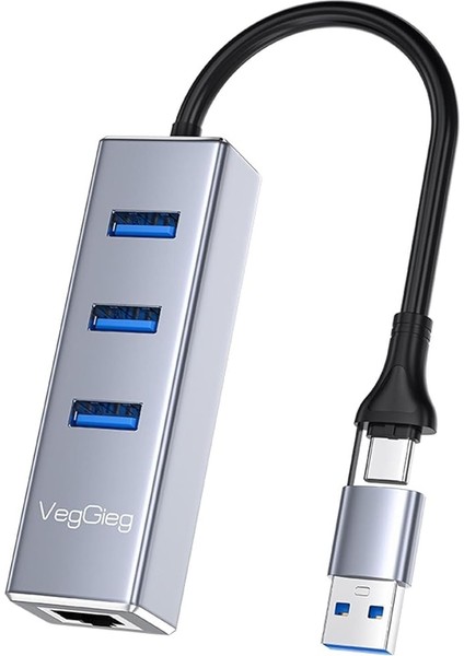 USB ve Type-C Gigabit Ethernet Adaptörü 3 Port USB 3.0 Çoklayıcı Hub