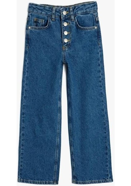 Kız Çocuk Bol Paça Kot Pantolon Düğme Kapamalı Cepli Pamuklu