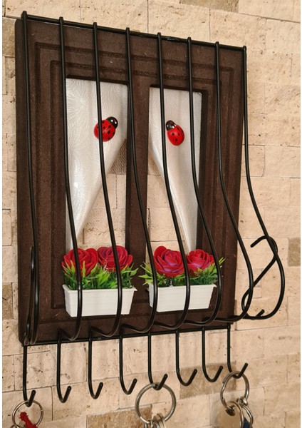 21X16CM Dekoratif Ahşap Pencere Modelli, Çiçek Saksılı, Uğur Böcekli, Duvar Anahtarlığı