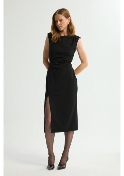 Düşük Kol Önü Drapeli Elbise Siyah 124L9746000 indirimleri