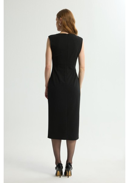 Düşük Kol Önü Drapeli Elbise Siyah 124L9746000