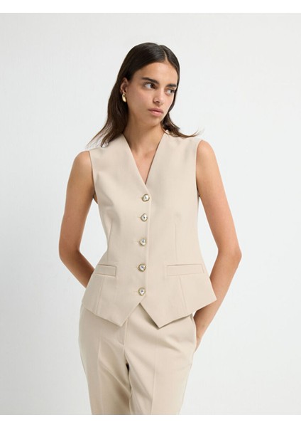 V Yaka Yelek Bej 17945718000 fırsatları