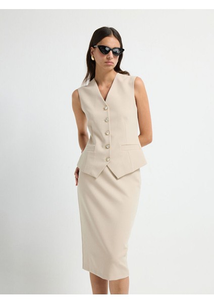 V Yaka Yelek Bej 17945718000