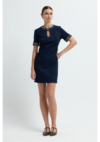 Kısa Kol Taşlı Denim Elbise Lacivert 12444933001