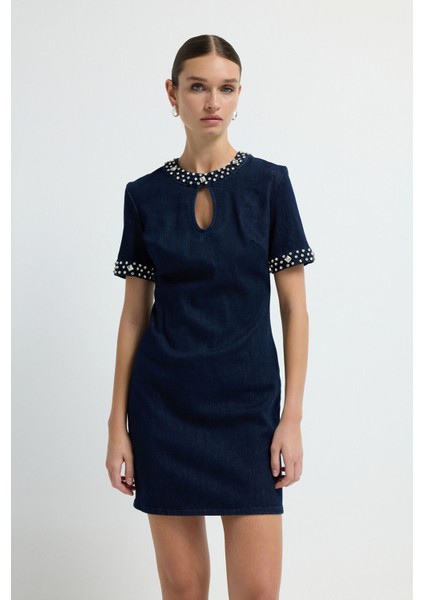 Kısa Kol Taşlı Denim Elbise Lacivert 12444933001 fiyatları