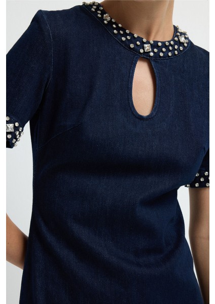 Kısa Kol Taşlı Denim Elbise Lacivert 12444933001 modelleri