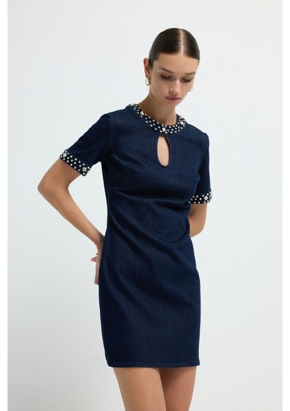 Kısa Kol Taşlı Denim Elbise Lacivert 12444933001 indirimleri