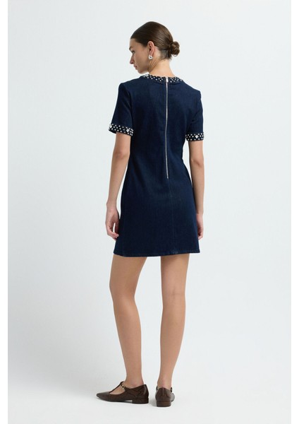 Kısa Kol Taşlı Denim Elbise Lacivert 12444933001