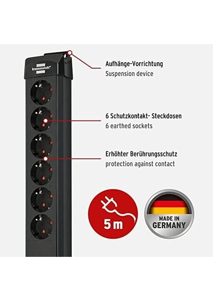 Premium- 6&apos;lı Priz, 60.000 A&apos;ya Kadar Yüksek Gerilim Korumalı (Anahtarlı ve 5 M Kablolu Çoklu Priz, Duvar Montajı, Alman Malı) Siyah fiyatları