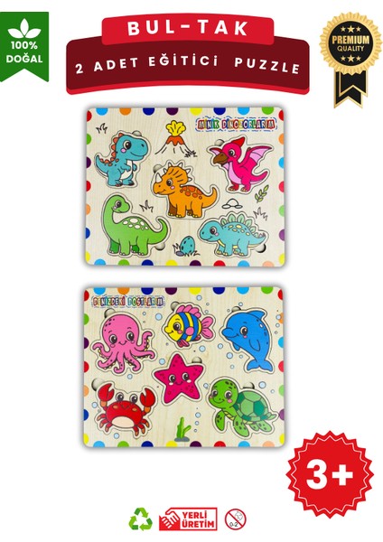 Ahşap Eğitici Puzzle – 2’li Set (Dinozorlar & Deniz Canlıları)
