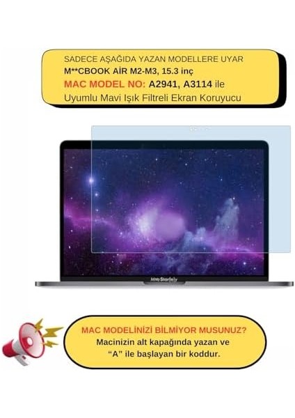 MacBook Air 15.3 Inç ile Uyumlu Mat Ekran Koruyucu, Mavi Işık Filtresi Anti Blue Ray, Anti-Glare Ince Jelatin Film, M2 M3 M4 A2941 A3114 A3241 Şeffaf modelleri