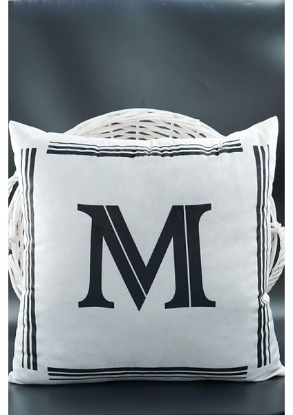 Harfli Kırlent Kılıfı Kadife 43X43 cm Çift Taraflı M Harfi Kedi Desenli Evlilik Teklifi Doğum Günü