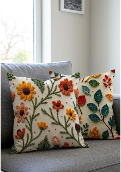 Nakış Desen Baskılı Çiçek Desenli Kadife Kırlent Kılıfı, 2li Set 43X43 Cm, Gizli Fermuarlı, Renkleri