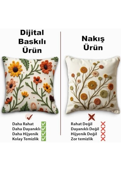 Nakış Desen Baskılı Çiçek Desenli Kadife Kırlent Kılıfı, 2li Set 43X43 Cm, Gizli Fermuarlı, Renkleri modelleri