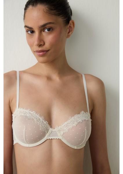 Bej Puantiyeli Brode Işlemeli Balenli Dolgusuz Toparlayıcı Sütyen