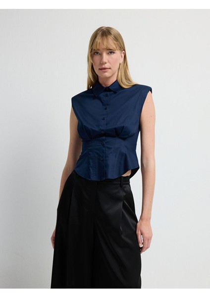 Pile Detaylı Kolsuz Gömlek Lacivert 13044815001