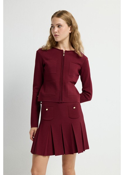 Cep Detaylı Fermuarlı Triko Hırka Bordo 13445591000