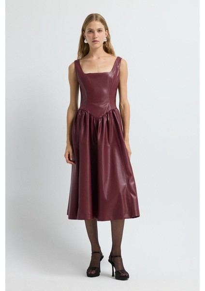 Kolsuz Midi Boy Deri Elbise Bordo 12445584000