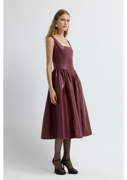 Kolsuz Midi Boy Deri Elbise Bordo 12445584000 fiyatları