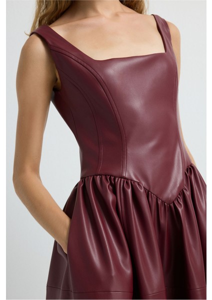 Kolsuz Midi Boy Deri Elbise Bordo 12445584000 modelleri