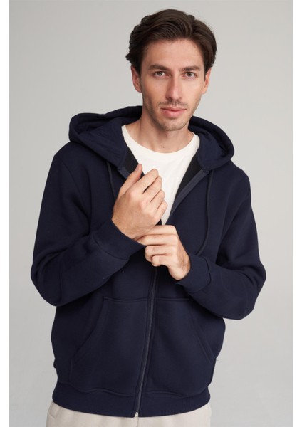 Çetinkaya Mentality 3034 Erkek 3 Iplik Kapüşonlu Fermuarlı Sweatshirt Lacivert