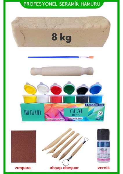 Seramik Hamuru 8 Kg, Ahşap Ebeşuar (Modelaj Seti), Zımpara, Merdane, Guaj Boya, Fırça, Doğal Kil Oyun Çamuru