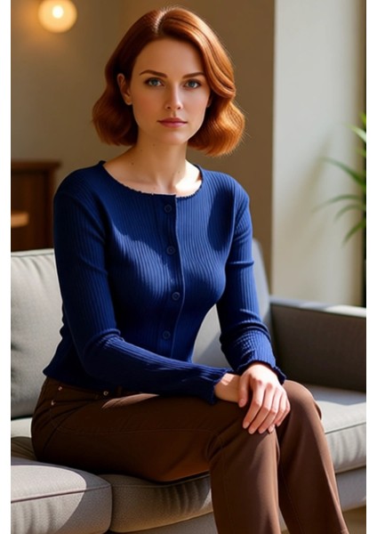 Kadın Vücuda Oturan Düğmeli Esnek Triko Üst Kaliteli Şık Rahat Modern Zarif Günlük