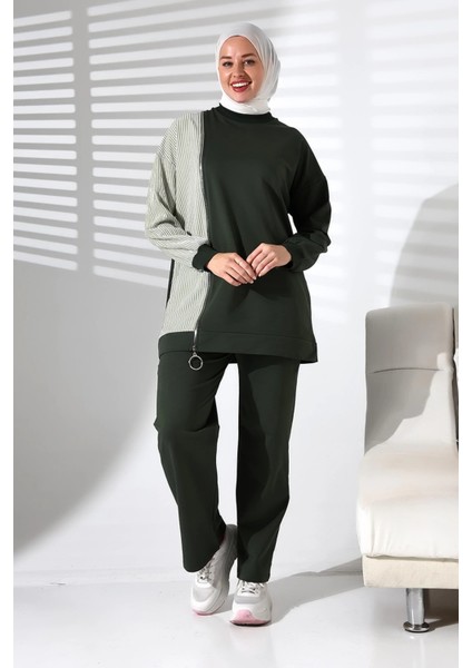 Kadın Mevsimlik Alt Üst Rahat Haki Spor Ikili Tunik Pantolon Şık Tesettür Takım