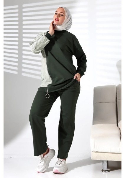 Kadın Mevsimlik Alt Üst Rahat Haki Spor Ikili Tunik Pantolon Şık Tesettür Takım modelleri