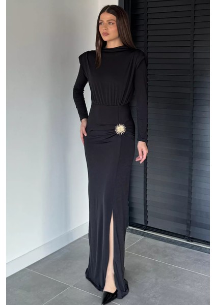 Kadın Omuz Vatkalı Büzgülü Aksesuarlı Elbise P-00018999 modelleri