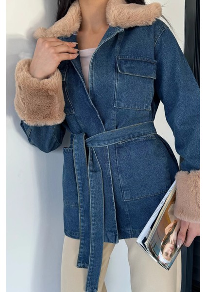 Kadın Yaka Kol Kürk Detaylı Jean Kot Ceket P-00018979 fiyatları