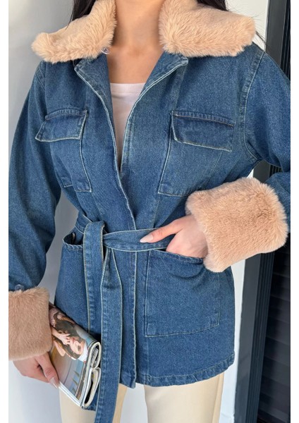 Kadın Yaka Kol Kürk Detaylı Jean Kot Ceket P-00018979 modelleri