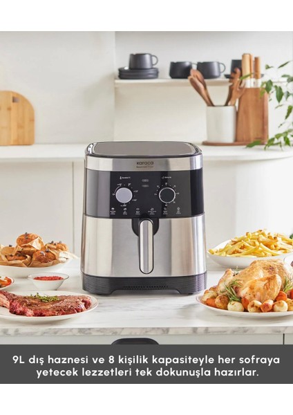 Inox Ekstra Büyük Hacim 8 Kişilik Airfryer, Zaman Ayarlı 9 Litre Kolay Temizleme Özellikli 1900 Watt