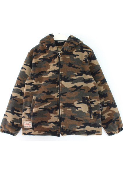 Kapüşonlu Fermuarlı Kamuflaj Unisex Çocuk Kalın Polar Ceket Asker Desenli Çocuk Polar Hırka