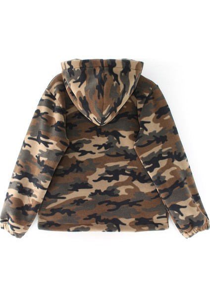 Kapüşonlu Fermuarlı Kamuflaj Unisex Çocuk Kalın Polar Ceket Asker Desenli Çocuk Polar Hırka fiyatları