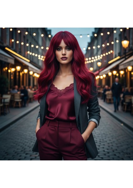 Dalgalı Perçemli Fiber Sentetik Orta Boy Peruk - Kızıl