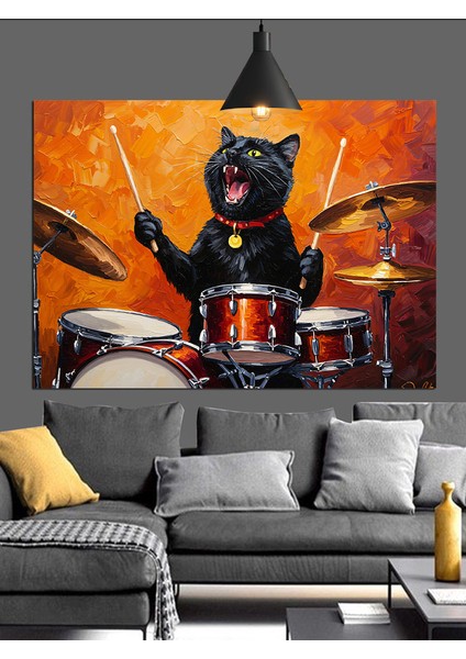 Kara Kedi Davul Çalıyor Müzik Dekoratif Kanvas - Mdf Ahşap Tablo